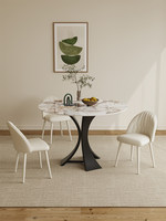 Table à manger circulaire en pierre de style crémeux avec pieds croisés - Multifonctionnelle pour salles à manger et salles de réunion