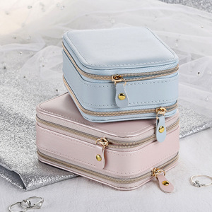 Custom Logo Portable <b>Travel</b> Double-layer <b>Jewelry</b> Storage case Earrings Ring Necklace Bracelet PU Leather Zipper Bag with Mirror - Product Image 3