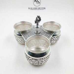 Handcrafted Pure Silver Kumkum Haldi Chawal Three Bowl Set with <b>Peacock</b> Handle Traditional Pooja Essential for Home Temple - Product Image 1