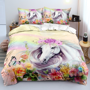 Set <span class=keywords><strong>Copripiumino</strong></span> 3 Pezzi con Stampa Digitale 3D <span class=keywords><strong>Unicorno</strong></span> e 2 Federe Colorate, Ecologico e Caldo, Vendita all'Ingrosso - Product Image 1