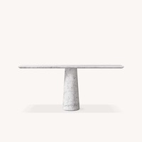 Table à manger élégante et moderne en travertin, piédestal conique, pierre beige, bord arrondi, pour salon, pièce maîtresse de la maison, personnalisable OEM