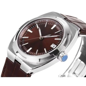 Montre décontractée pour homme de luxe tendance haut de gamme avec boîtier en acier inoxydable, bracelet en cuir véritable, mouvement automatique, cadran à aiguilles, résistante à l'eau - Product Image 1