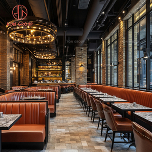 Conjunto de Muebles Comerciales para Restaurante: Sofá de Cuero Rojo con Base Redonda de Metal, Mesas de Mármol y Sillas Rojas a Juego para Cafetería - Product Image 6