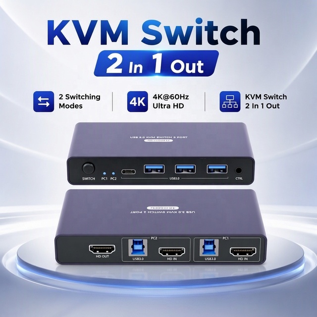 HDMI KVM Switch 2-Port, 4K 60Hz, for 2 Computers, Shares 1 Monitor & Keyboard/Mouse with Wired Extend Controller, Plug and Play