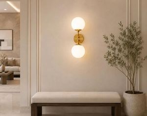 Brass Double Globe Wall Sconce Vertical 2 Light <b>Mid</b> <b>Century</b> Opal Glass Wall <b>Lamp</b> Modern Decorative Interior Lighting Fixture - Product Image 5