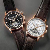 Montre mécanique de luxe de marque haut de gamme pour homme, bracelet en cuir marron, boîtier en acier inoxydable, fermoir à boucle, calendrier hebdomadaire, verre résistant à l'eau