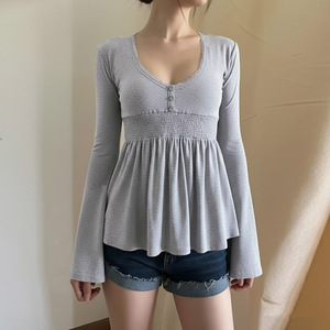 T-<span class=keywords><strong>shirt</strong></span> sexy et doux pour femme, style tricoté, <span class=keywords><strong>dentelle</strong></span>, découpe basse, <span class=keywords><strong>manches</strong></span> <span class=keywords><strong>longues</strong></span>, coupe ajustée, rétro, niche, anti-âge - Product Image 4