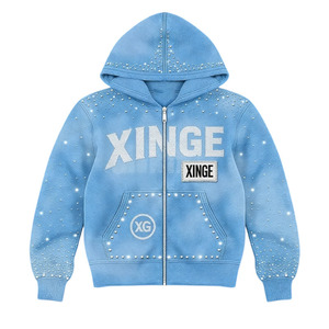 Sweat-shirt à capuche zippé surdimensionné pour homme en coton personnalisé bleu clair avec lettres en strass, style streetwear - Product Image 2