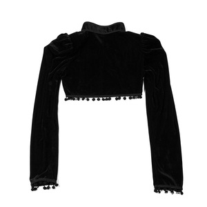 Chaqueta Corta de Terciopelo Negro, Manga Larga, Cuello Alto, Detalle de Borlas, Top Elegante y Ajustado para Mujer - Product Image 4