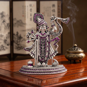Vibrante Ídolo de Shrinathji en Piedra Rosa Púrpura con Detalles Oxidados en Plata de Ley, Estatua Religiosa de Plata Pura para Decoración del Hogar o Templo - Product Image 2