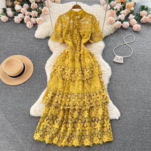 Estate donna leggera matura temperamento rosso del vento pizzo con senso del Design abito a maniche corte gonna lunga peplo a linea ragazza <span class=keywords><strong>Dre</strong></span> - Product Image 5