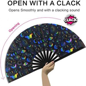 Grand éventail pliant Mystique Arc-en-ciel Œil protecteur Papillon, imprimé phases de lune célestes, éventail à claquer pour festivals et raves - Product Image 2