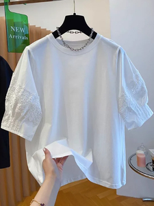 Boutique all'ingrosso 2025 estate nuova moda girocollo <span class=keywords><strong>in</strong></span> <span class=keywords><strong>pizzo</strong></span> manica a bolle t-shirt da donna allentata - Product Image 3