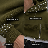 Sweat à capuche zippé intégral pour homme, personnalisé, en molleton de coton olive 400 GSM, avec strass, à épaules tombantes, côtelé, coupe ample et oversize, style streetwear