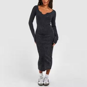 Vestido Deportivo de Talla Grande para Mujer, con Logotipo Personalizado OEM, de Alta Calidad, Casual, Elástico, de Algodón, Estilo Vintage, Lavado Ácido, Desgastado, Ajustado al Cuerpo - Product Image 2