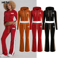 Ensemble de survêtement en velours deux pièces pour femmes avec côtés rayés, manches longues, coton et élasthanne, logo personnalisé, ensemble de jogging d'automne, streetwear décontracté