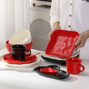Customized Professional Solid Color Minimalist Design Portable <b>Dinner</b> <b>Set</b> Red <b>Black</b> White Embossed Ceramic Tableware Dishwasher - Product Image 3