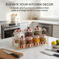 Ensemble de pots à épices en verre rayé rouge et blanc de style nordique de luxe avec support en métal doré, bouteille à épices scellée, pot à condiments pour la cuisine