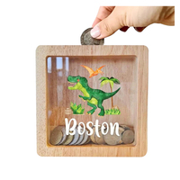 Tirelire en bois et en verre au design de dinosaure mignon avec motifs pour l'épargne des enfants et la décoration de la maison