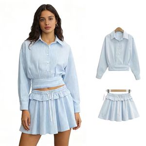 Conjunto de Verano, Estilo Europeo Americano, Algodón Orgánico, Diseño Simple y Casual, Cintura Alta, Camisa con Cordón Ajustable y Elástico - Product Image 1