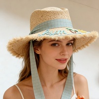 Chapeau de soleil en paille de raphia personnalisé brodé sur mesure pour femme, à large bord en dentelle, idéal pour les vacances d'été à la plage et la protection solaire
