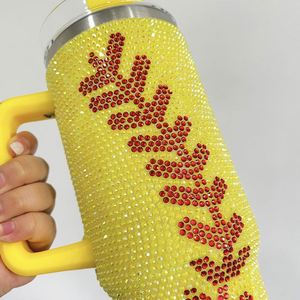 Ready to Ship 40Oz With Handle Double Wall Rhinestone Baseball Print Tumbler - Product Image 4
