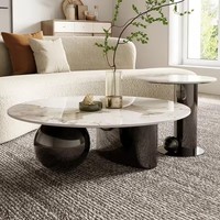 Ensemble Tables Basses de Luxe Modernes en Acier Inoxydable et Plateau en Pierre, Rondes, Centrales et d'Appoint, pour Salon