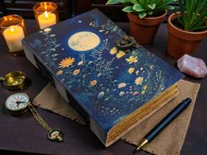 Diario de Cuero Hecho a Mano con Diseño de Flores Silvestres y Luz de Luna Celestial - Libro de Hechizos Cosido a Caballete con Papel Vintage de Borde Desflecado - Regalo - Product Image 1