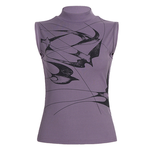 Wholesale Women Y2K Purple <b>Mock</b> <b>Neck</b> Sleeveless Crop Tank <b>Top</b> Vintage Swallow Print Ribbed Slim Fit Summer Streetwear - Product Image 6