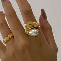 Elegant Style Faux Pearl Drop Ring 18K Gold Stainless Steel Waterdrop Inlaid Minimalist Fashion Open Ring for Women