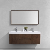 Meubles de salle de bains modernes avec dessus de table en pierre de quartz blanc Armoires à portes plates à double évier flottant en bois brun