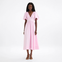 Nouvelle Robe Midi Femme Élégante Rose Col V Plissée Manches Bouffantes Coupe Évasée Manches Courtes Été Personnalisée pour Vacances