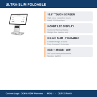 Système de point de vente tactile Windows 15,6 pouces, caisse enregistreuse ultra-fine pliable tout-en-un, écran client LED N97 8 Go 256 Go Argent