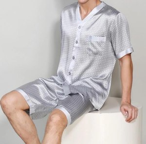 OEM di alta qualità nuova estate da <span class=keywords><strong>uomo</strong></span> manica corta di lusso in seta <span class=keywords><strong>pigiama</strong></span> Set con Shorts pigiami in seta pigiami personalizzati - Product Image 2