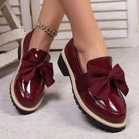 Chaussures habillées à plateforme pour femmes avec nœud, en cuir verni PU, à enfiler, à talon épais, mocassins décontractés, tailles 35 à 43