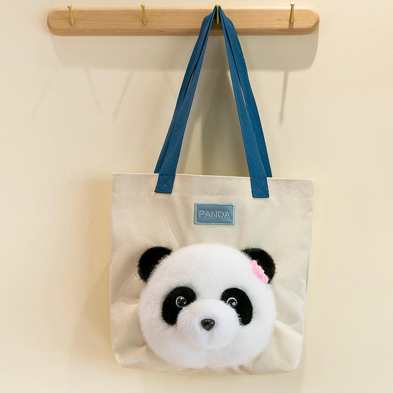 OEM Casual Panda Tote Handbag Fluffy Cute Canvas Shoulder Bag with Zipper Closure