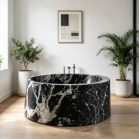 Baignoire double autoportante de luxe en marbre noir rond, baignoire en pierre naturelle pour hôtel et villa ultra-luxe