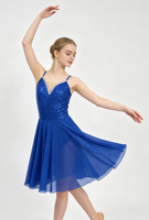 Robe de danse lyrique en mousseline fluide pour femmes/enfants, à bretelles spaghetti, col en V, ornée de strass et de paillettes, dos croisé, pour scène