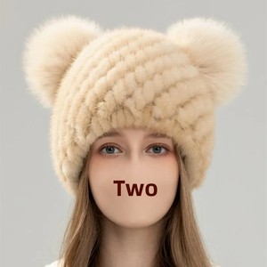Chapeau tricoté en vraie fourrure de vison chaud pour <span class=keywords><strong>femme</strong></span>, <span class=keywords><strong>bonnet</strong></span> d'hiver à boutons, protection des oreilles, rayé jacquard, 100% fourrure de vison - Product Image 3