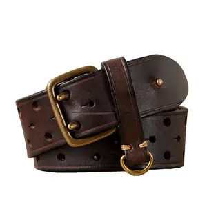 2 Prongs Copper Solid Brass Buckle Fashion Jeans Casual Pure Cowhide Leather Men Belt with Ring