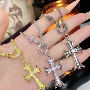 Bracelet unisexe pour couples, pendentif <span class=keywords><strong>croix</strong></span> en cuivre rétro classique avec diamants roses brillants, chaîne en bambou - Product Image 1