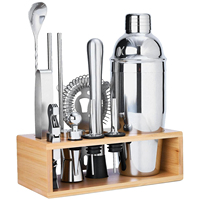 Ensemble de shaker à cocktails personnalisé en acier inoxydable et bambou, 14 pièces, avec support en bambou, capacité de 750 ml, ensemble complet d'outils de bar à domicile