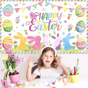 Fondo Fotográfico de Feliz Pascua, Decoraciones para Fiestas de Primavera, Telón de Fondo con Conejito Adorable, <span class=keywords><strong>Huevos</strong></span> Coloridos, Pancarta Floral para Fiestas - Product Image 3