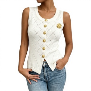 <b>White</b> Knitted Sleeveless <b>Tank</b> <b>Women</b> Button Front Slim Fit Summer Vest Casual Breathable 100% Polyester Outerwear - Product Image 4