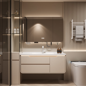 Tocador colgante moderno resistente al agua, mueble para el hogar, espejo <span class=keywords><strong>de</strong></span> <span class=keywords><strong>pared</strong></span> inteligente para villas, carcasa <span class=keywords><strong>de</strong></span> MDF, escurridor <span class=keywords><strong>de</strong></span> cobre - Product Image 5
