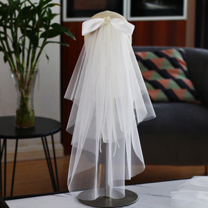 Voile de mariée français délicat perle arc accessoires de mariage simple arc blanc perlé frange Double couche fil doux - Product Image 1