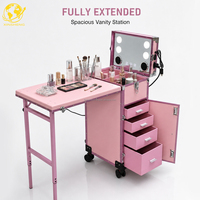 Trousse de Maquillage et Manucure Professionnelle Pliable à Roulettes avec Double Plateau pour Techniciens de Salon et Artistes