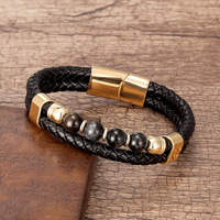 Bracelet pour homme en cuir véritable tressé à double couche avec fermoir en acier inoxydable de haute qualité, perles en pierre naturelle, logo personnalisé