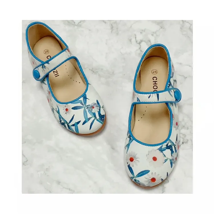 Wholesale Supplier Floral Printed Fabric Dress Shoes for Kids Vintage Stylish Girls Shoes Leather Mary Jane Flats Shoes Princess