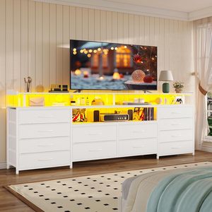 Meuble TV de salon avec étagères, <span class=keywords><strong>commode</strong></span> <span class=keywords><strong>longue</strong></span> blanche avec 12 tiroirs en tissu, lumières LED et station de charge - Product Image 1